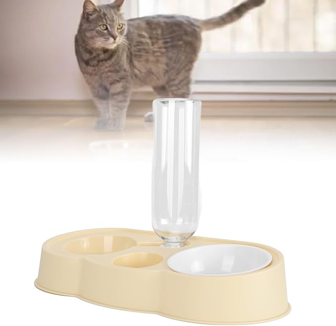 Pet Water and Food Bowl Set, Stable Prevent Slip Double Pet Bowls with Automatic Water Dispenser Bottle, Double Dog Cat Bowls Pet Feeding Bowls for Cats Small Dogs(Yellow)