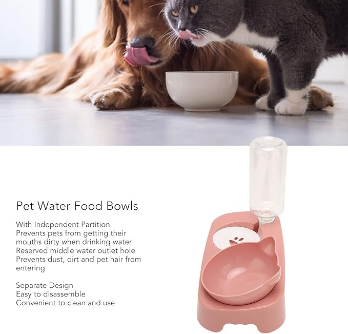 Pet Water Food Bowls - PP Raised Detachable Automatic Water Feeder - Pets Water and Food Bowl Set, Strainer Design, Protection from Dust for Small Medium Cat Dog (Pink)