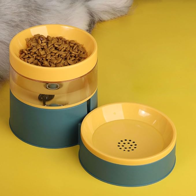 Pet Double Bowl Water Dispenser, 1L Neck Protection Anti Tip Cat Dog Food Water Bowl, Automatic Water Dispenser Dog Basin Cat Basin Pet Feeder for Dogs Cats (Green)