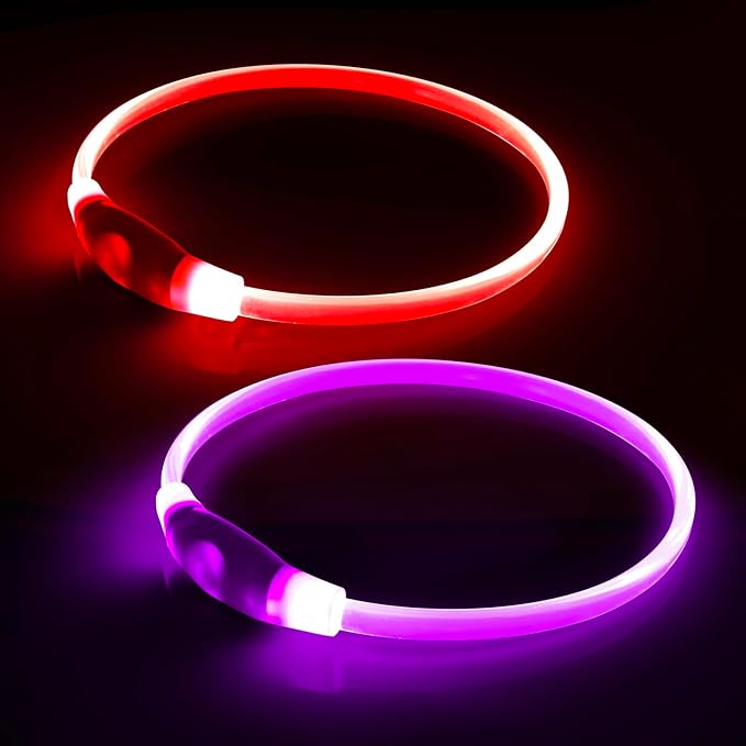 【2-Pack】 Rechargeable LED Dog Light Up Collar Set - Illuminate Night Walks with Universal Safety Light for Small, Medium, and Large Dogs (Pink&Red)