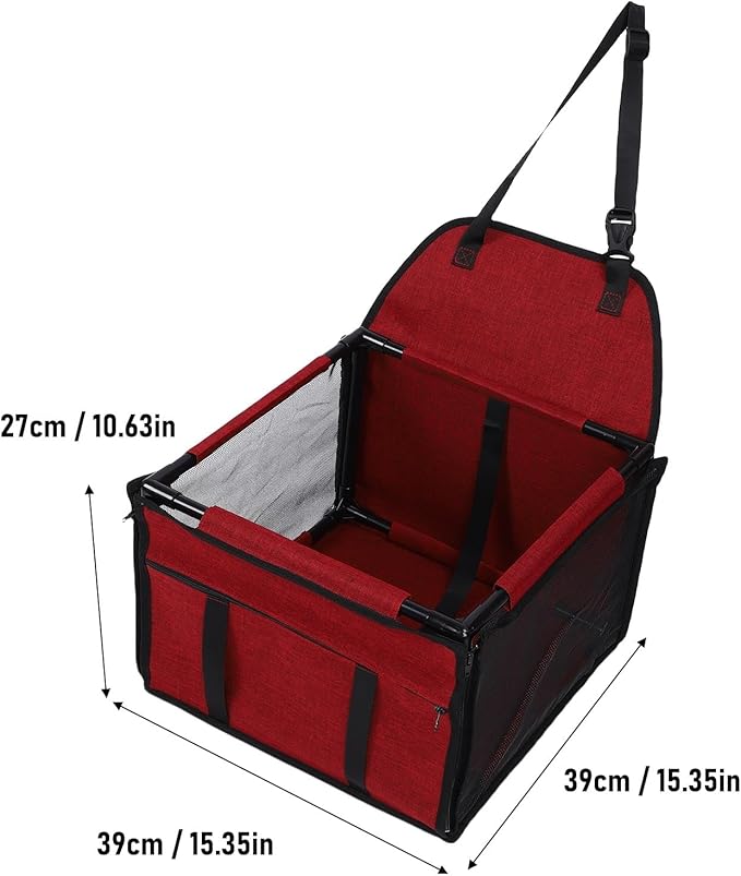 Dog Car Seat, Foldable Dog Car Booster Seat Collapsible Travel Bags with Safety Belt and and Mesh Window, Carrier for Small to Medium Pets Puppy, 39x39x27cm (Red)