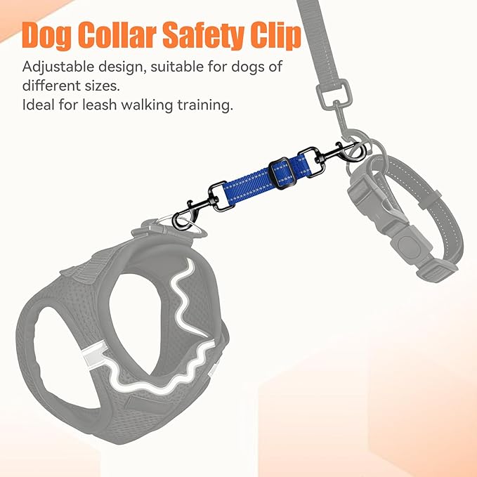 Dog Collar Safety Clip, Adjustable Backup Safety Strap, Double-Ended Leash Connector, High Reflectivity, Suitable for Dog Harnesses to Collar Safety Clips (Blue)