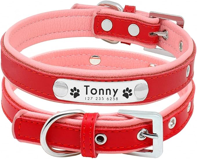 Personalized Dog Collars Leather Padded Customized Dogs Collars Name ID Collar for Small Medium Dogs Cats Blue Pink Black Red