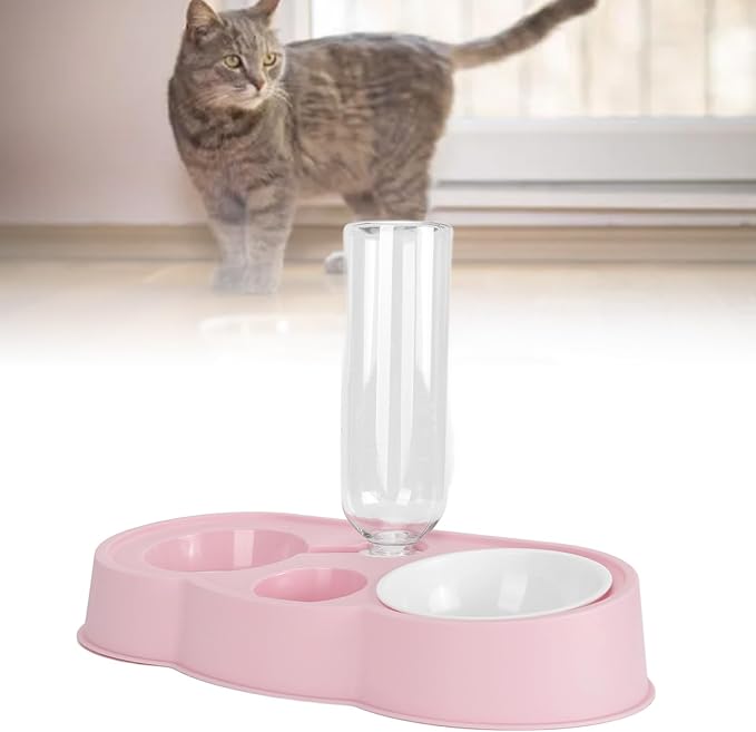 Pet Water and Food Bowl Set, Stable Prevent Slip Double Pet Bowls with Automatic Water Dispenser Bottle, Double Dog Cat Bowls Pet Feeding Bowls for Cats Small Dogs(Pink)