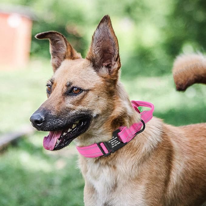 Military Tactical Pet Dog Collar Personalized Custom Nylon Reflective Small Medium Large Dog Collars Engraved ID Name Adjustable Pink XL
