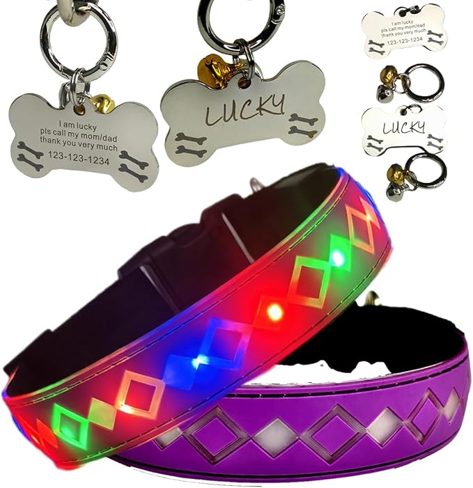 LED Dog Collar with ID Tag, 15 Light Modes, Waterproof Silicone, Night Safety (Purple Pro, L(15.7-19.7"))