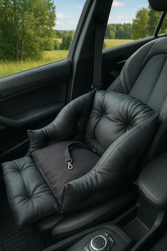Dog Car Seat for Small Dogs, Travel Booster Bed with Safety Belt, Eco Leather Pet Seat, Black