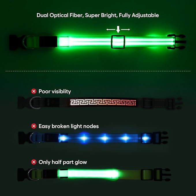 BSEEN Light Up Dog Collar - High Visibility LED Dog Collar Rechargeable, Double Line Fiber Optic Glow in The Dark Dog Collars, Safety Dog Lights for Night Walking (Green, Large)