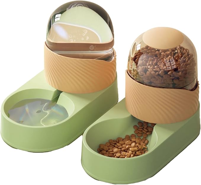 Automatic Cat Feeder and Water Dispenser,Pet Food Feeder and Waterer Set Pets Cats Dogs Automatic Waterer and Food Feeder for Small Medium Cats Dogs Big Capacity (Green Orange)