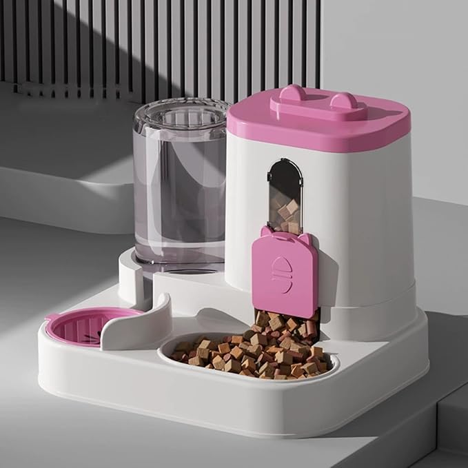 2-in-1 Automatic Feeder & Water Dispenser, Automatic Dog Water Dispenser for Small to Medium Dogs Cats, Large Capacity (Pink)