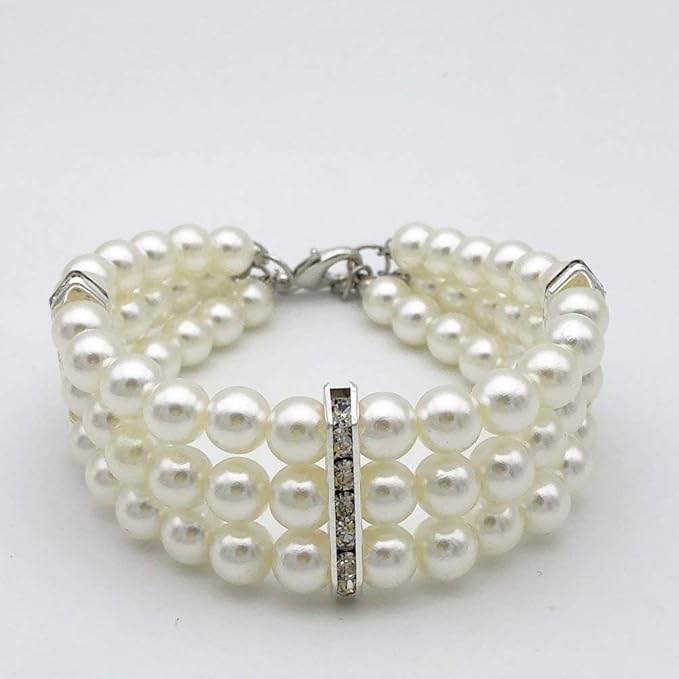 Fancy 3 Row Pearls Diamond Dog Necklace Collar Jewelry with Bling Rhinestones for Pets Cats Small Dogs Girl Teacup Chihuahua Yorkie Clothes Costume Outfits (White, Neck Size: 8"-10")