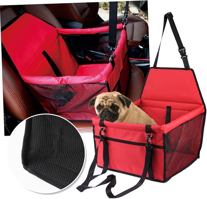 Breathable Mesh Dog Car Seat with Design Safety Leash and Thick Support Rods for Pet Travel Compatible with Harnesses Black Color(Red)