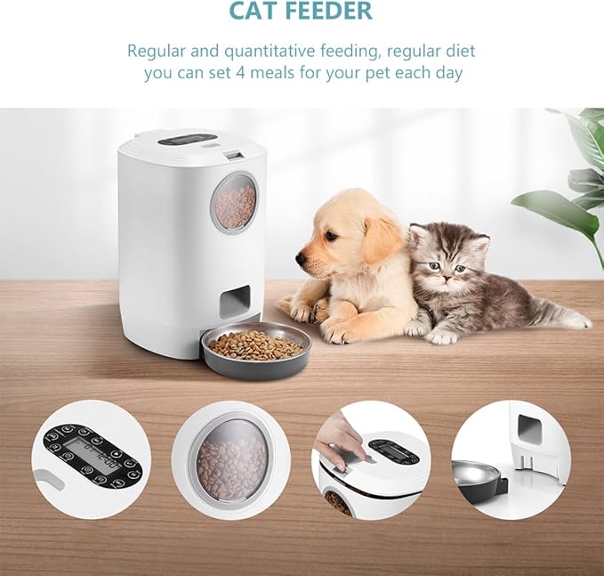 HEMOTON Smart Pet Feeder Automatic Dog Feeder Cat Food Dispenser with 4 Meals Scheduling, Voice Recording, Visible Timed Portion Control, Suitable for Pets – Battery Not Included