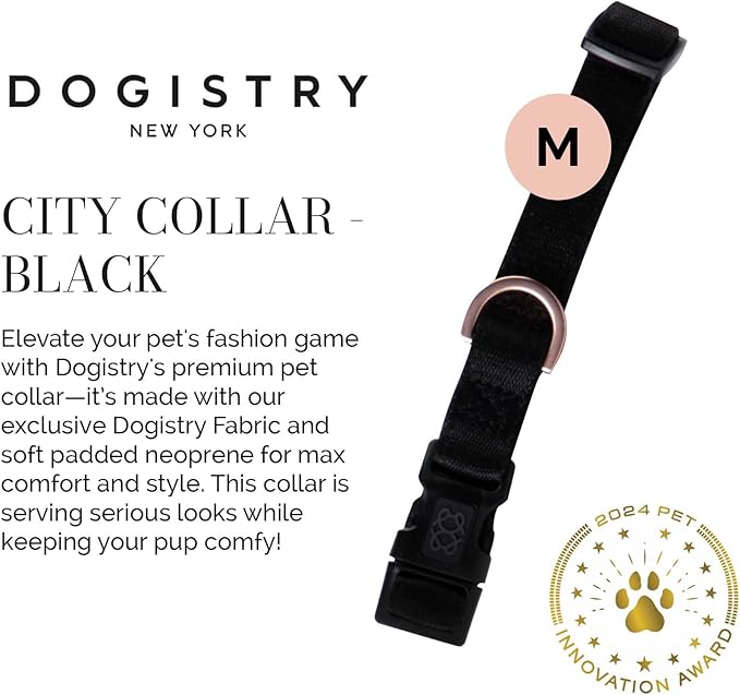The DOGISTRY - City Collar - Black - Premium Dog Collar with Padded Neoprene & Signature Fabric - Refined Design & Everyday Luxury - Medium