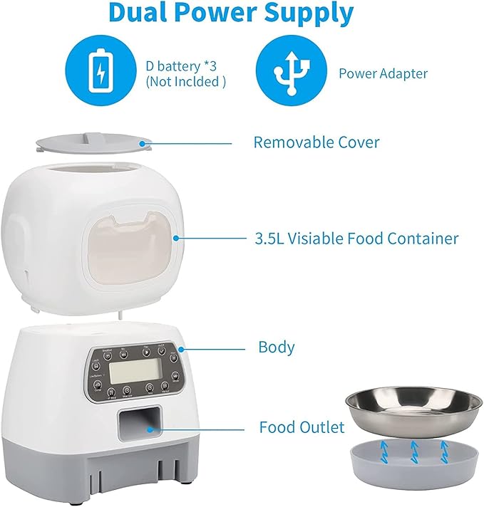 Automatic Cat Feeder 3.5L Pet Feeder Dog Food Dispenser for Cats and Dogs with Stainless Steel Food Bowl, Visible Window and Memory Function,10S Voice Recorder,4 Meal Portion Control