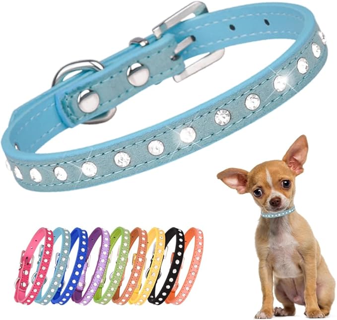 Bling XXS Dog Collar, Pretty Diamond Kitten Collar Crystal Jewel Glitter Rhinestone Puppy Collar for XXS Xs Small Medium Pet Female Dogs Girl Cats, Light Blue XXSmall