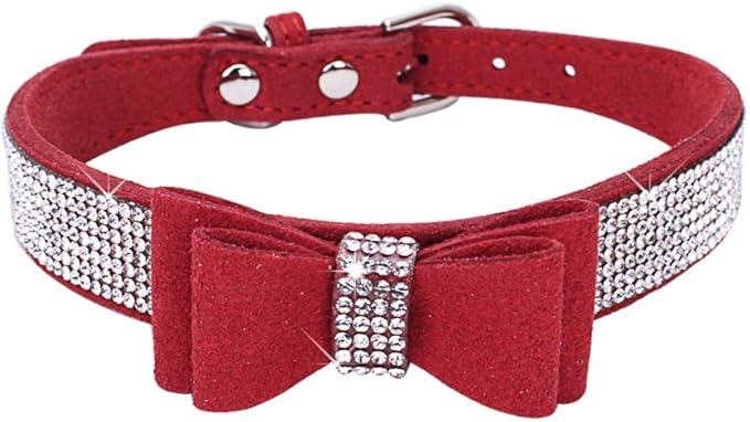 Puppy Dog Collar with Rhinestone Bow Knot Crystal Diamond Colorful Bling Girl Cat Collars Red M