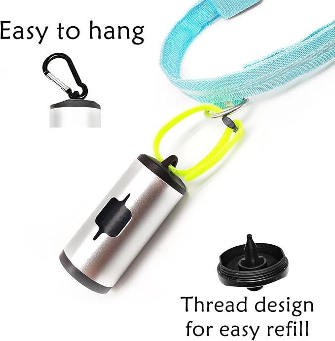 Aluminum Dog Poop Bags Holder with Carabiner Metal Pet Waste Bags Dispenser with Hook and Loop Fastener and Elastic Cord to Carry Used Bags (Silver, 1 Holder 15 Bags)