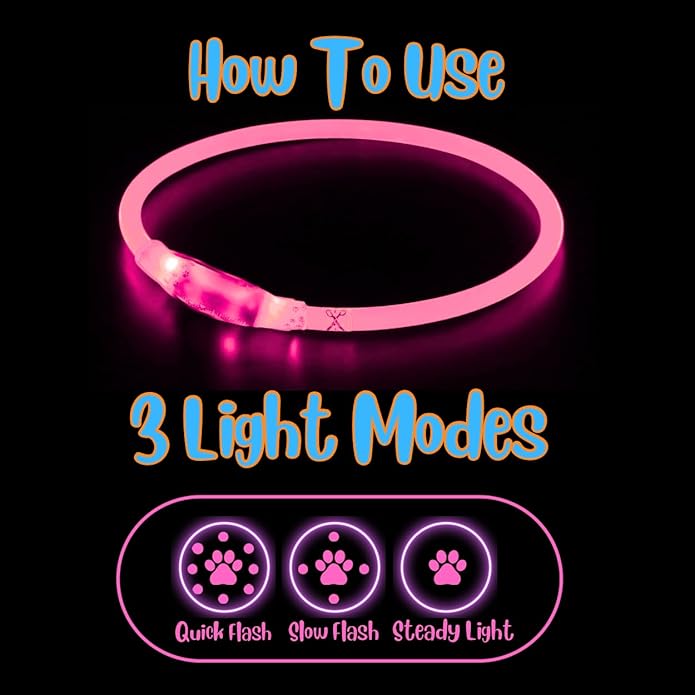 Dog Collar Light, Adjustable & USB Rechargeable, Water resistant, 3 light modes. Keep your Dog visible & safe at night, during walks. Suitable for all Pets, even people