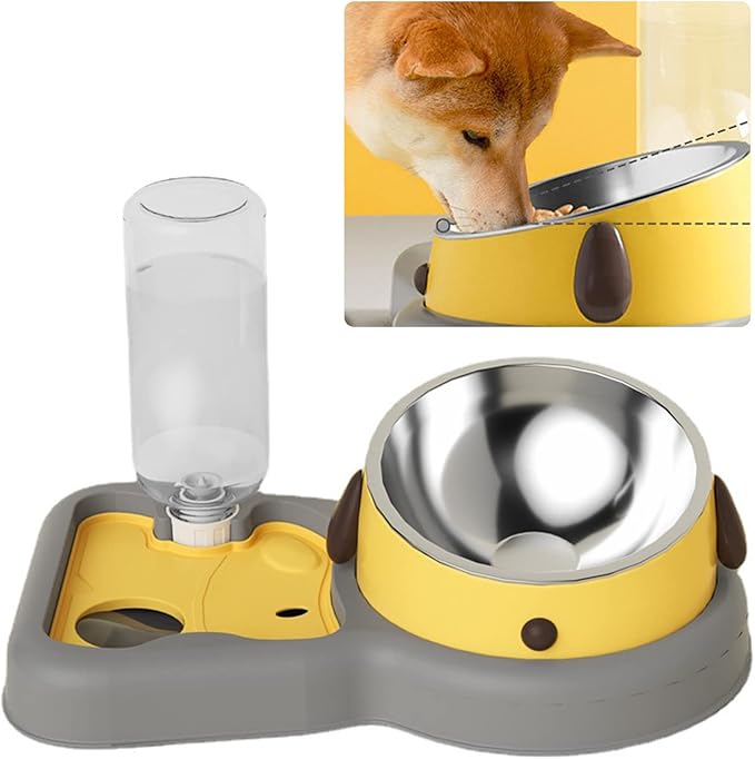 Water and Food Bowl Set, 500ml 2 in 1 Dog Avoid Overturning Automatic Cat Feeder Pet Water Dispenser Double Cat Bowls for Dogs Cats (Yellow 500ml)