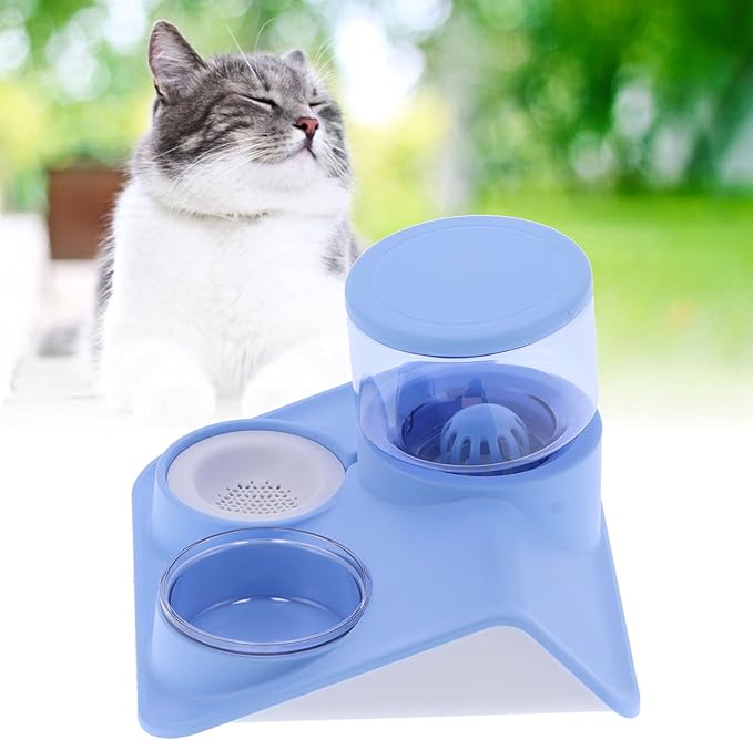 Pet Water Dispenser and Food Bowl Set, 1.8L Automatic Water Dispenser with Detachable Bowl, PPPET Material, Non Slip Base, Convenient for Cats and Small Dogs (Rooftop Drinking Fountain Blue)