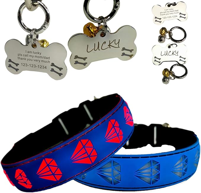 LED Dog Collar with Diamond Pattern, 15 Light Modes, with Bonus Pet ID Tag and Bell (BLUE, L(15.7-19.7"))