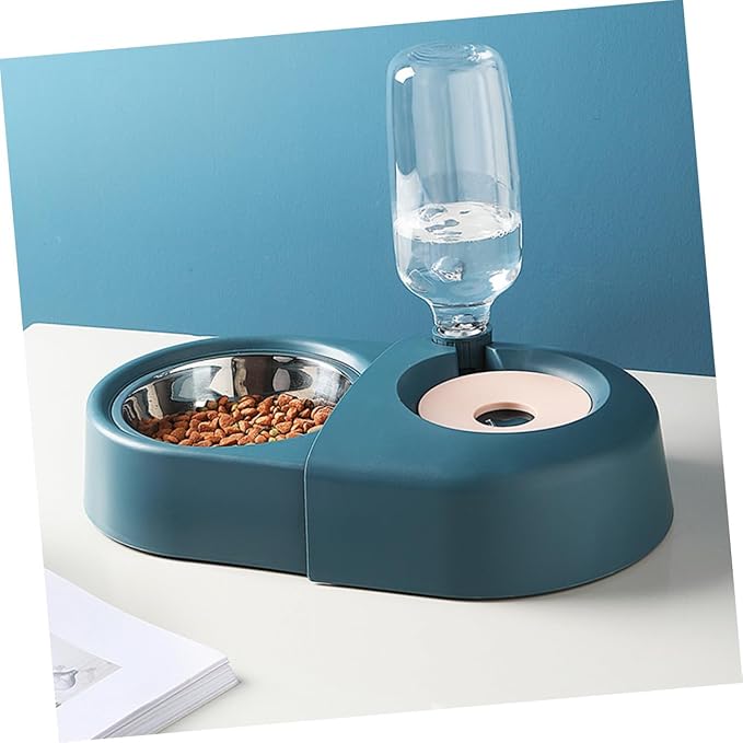 Mobestech Automatic Pet Feeding Bowl and Water Dispenser, Anti-Spill Blue Dog and Cat Food and Water Basin, Plastic Pet Feeder for Indoor Use