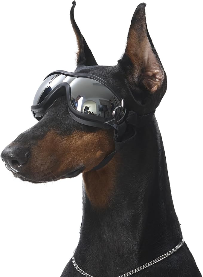 Dog Goggles UV400 Protection, Ski Goggles for Medium to Large Breeds with Adjustable Strap, Dog Sunglasses with Wide Snout & Soft PVC Frame - UV-Resistant/Snowproof for Ski,Cycling (Black)