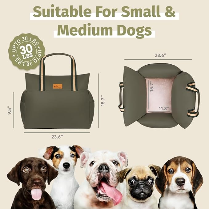 Car Seat & Dog Bed | Waterproof Booster Seat for Small & Medium Dogs Up to 30 Lbs | Easy to Carry with Handles & Storage Pockets (Olive)