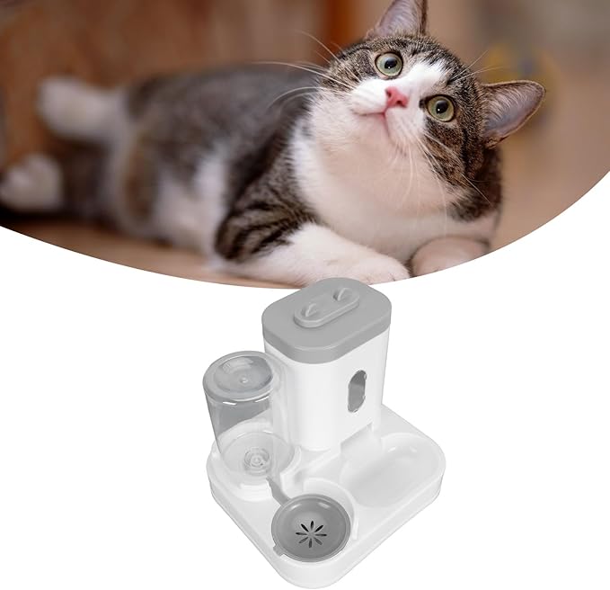 Automatic Pet Food & Water Container 2 in 1 | 2L Food + 1L Water Large Capacity | Detachable Cat Feeder/Dog Waterer | Safe PP Material, Visual Window Design (Grey)