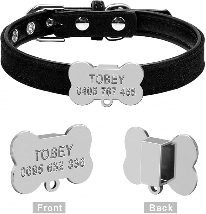Personalized Chihuahua Collar for Small Dog Adjustable Padded Pet Collars with Bell for Small Medium Cat Dogs Black Bone XXS