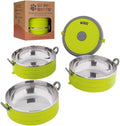 Healthy Human Travel Pet Bento Bowls - Human-Grade Stainless Steel & BPA-Free, Leak-Proof Water & Food Container Set for Dogs & Cats, 3-Pack Interlocking Bowls, Includes Spare Clips & Handle (Green)