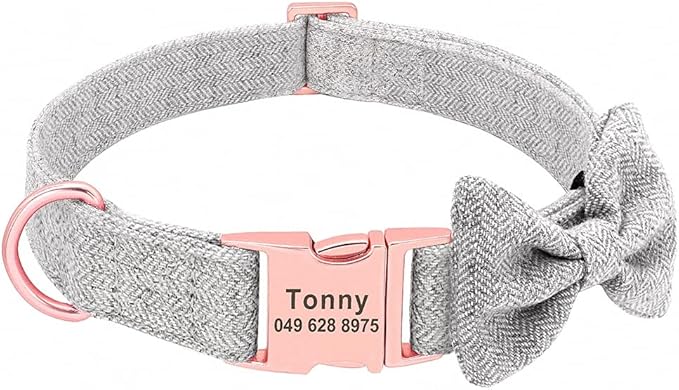 Fashion Personalized Dog Collar Custom Nylon Dog Collars Engraved Name ID Adjustable for Small Medium Large Dog Chihuahua Bownot Grey S