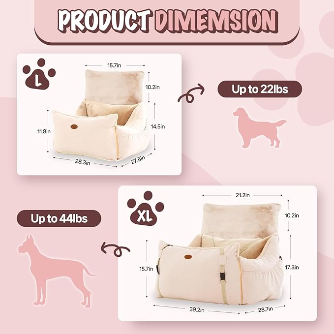 Dog Car Seat for Small Medium Large Dogs, Eco-Friendly Microfiber Velboa, Dog Booster for Under 45Lbs, Detachable and Washable Travel Seat with Thick Cushion (Pink Beige, XL)
