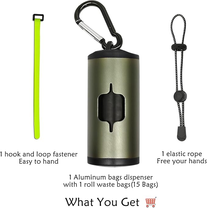 Aluminum Dog Poop Bags Holder with Carabiner Metal Pet Waste Bags Dispenser with Hook and Loop Fastener and Elastic Cord to Carry Used Bags (Olive Green, 1 Holder 15 Bags)