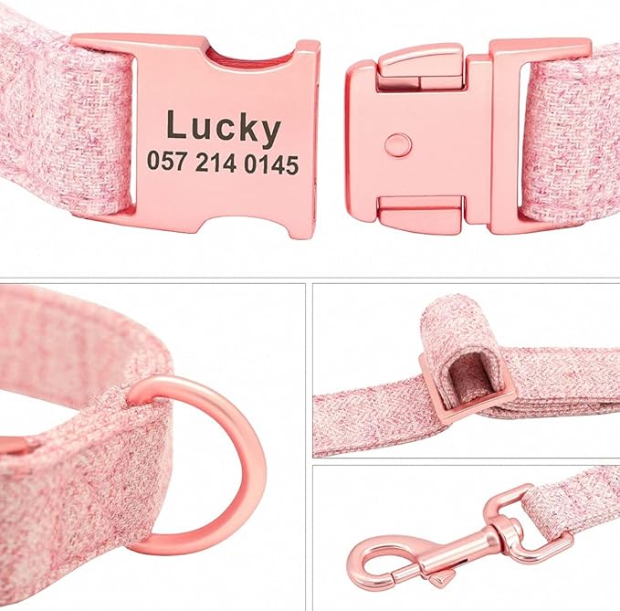 Fashion Personalized Dog Collar Custom Nylon Dog Collars Engraved Name ID Adjustable for Small Medium Large Dog Chihuahua Bownot Set Pink M