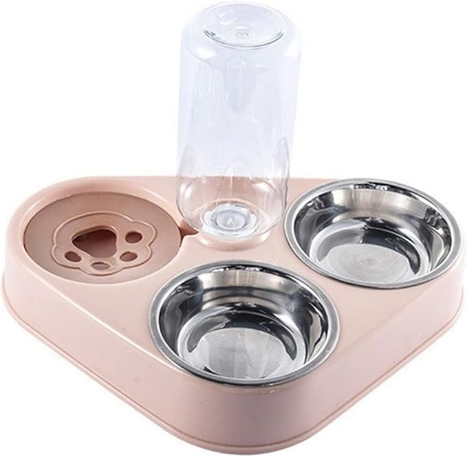 3 in 1 Pet Dog Bowl with Water Bottle Cat Automatic Drinking Food Double Bowls Stainless Steel(3 in 1 Pink)