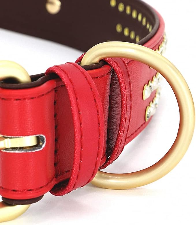 Rhinestone Custom Dog Collars Leather Personalized Crystal Pet Collar Padded Collars Adjustable for Small Medium Large Dogs Red S
