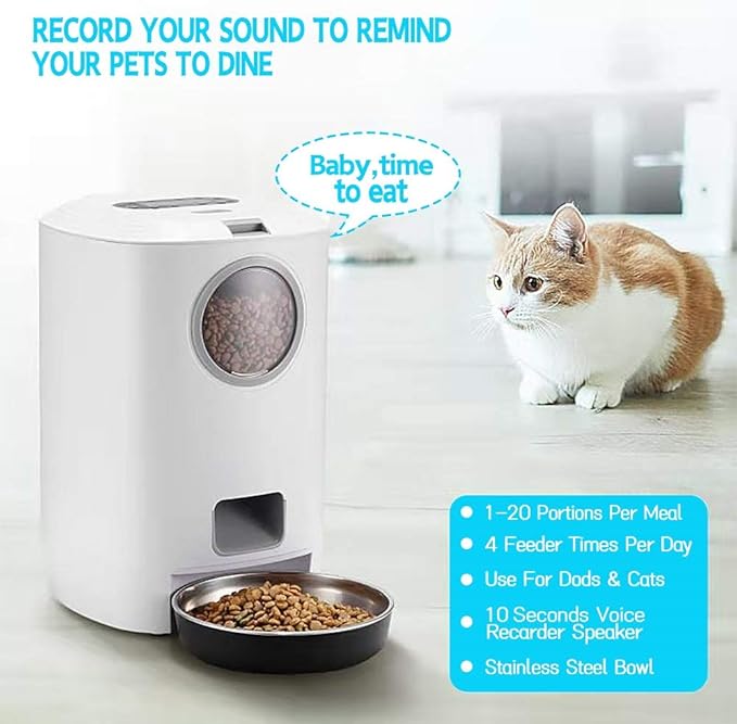 Ofat Home Automatic Cat Feeder,SmartFeeder,Automatic Pet Dog and Cat Feeder,4-Meal Auto Pet Feeder with Timer Programmable,Voice Recording-4.5L White
