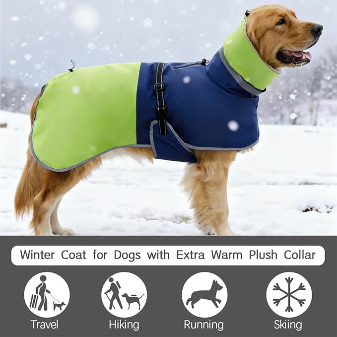 Waterproof Dog Winter Coat, Reflective Turtleneck Fleece Jacket with Snow Protection for Large Dogs, Cold Weather Pet Clothing (Green, L)