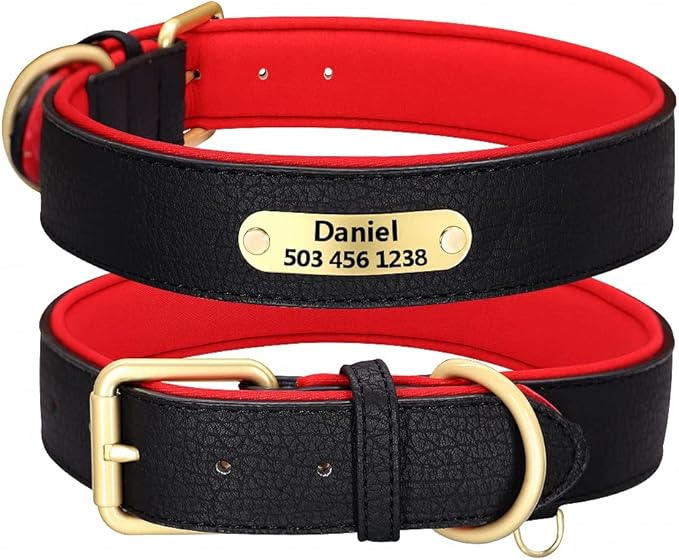 Personalized Dog Collar Custom Leather Dog Collars Soft Inner Padded Pet ID Collar for Small Medium Large Dogs Pitbull Bulldog Black M
