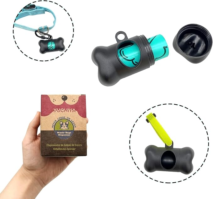 Dog Poop Pickup Bags Holder Dispenser with Standard-Sized Leak-Proof Scented Doggy Waste Bags and Carabiner with Safety Lock&Fastener Never Loose on Leash Lead Again (1 Holder 195 Bags, Black)