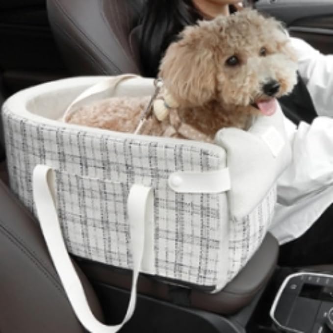 Pet Car Seat for Small Dogs & Cats, Large Space with Soft Cushion, Removable Design, Secure Straps, Fits Most Vehicles (Beige Plaid, 9.8 * 17.7 * 9.8inches)