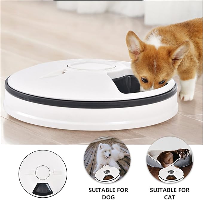 Yardwe Automatic Pet Feeder Six Feeding Holes, Detachable Pet Food Bowl, Timer Controlled Portion Dog and Cat Food Dispenser for Scheduled Feeding, Gray White