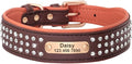 Personalized Crystal Leather Dog Collar Custom Rhinestone Dog Collars with Buckle Free Engraved ID Collar for Medium Large Dogs Brown L
