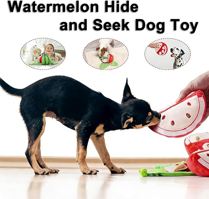 RJDJ Orange Hide-and-Seek Plush Dog Toy, Interactive Squeaky Watermelon Dog Toy with Hidden Pockets, Watermelon Snuffle Toy for Boredom Small Medium Dogs (1PC-B)