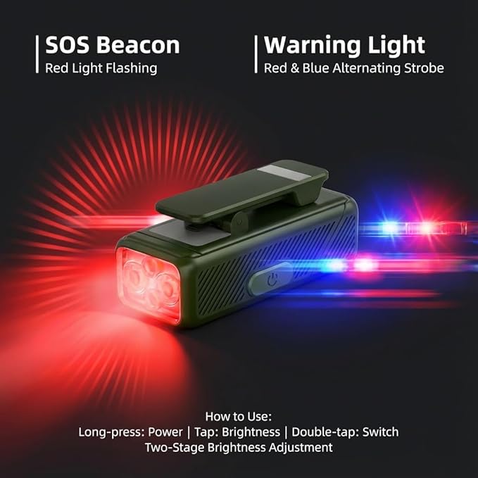 EDC Flashlight Rechargeable Clip-On Light with 90° Rotatable Head, 200-Lumen Mini Flashlight Hands-Free Pocket Light, with 10 Lighting Effects, Magnetic for Camping, Emergency, Running