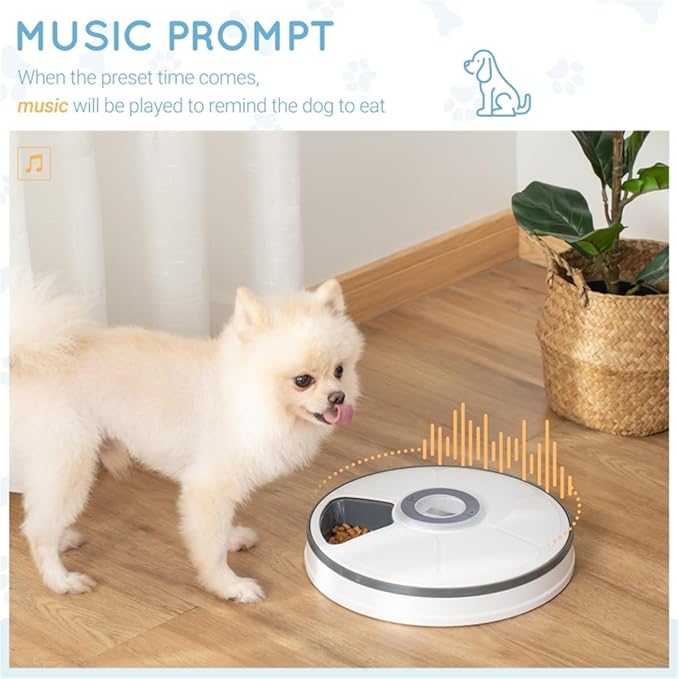 GUTTATY Automatic Pet Food Feeder Dispenser with 6 Trays, 128ml Capacity, LED Display, White/Grey