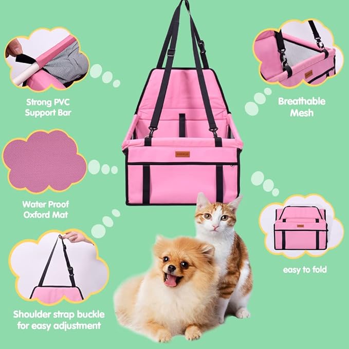 SWIHELP Dog Car Seat Puppy Portable Pet Booster Car Seat with Clip-On Safety Leash and PVC Support Pipe, Anti-Collapse,Perfect for Small Pets