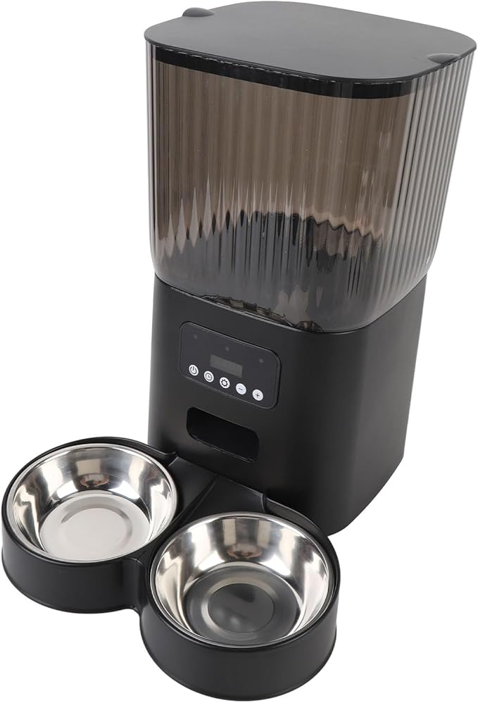 Automatic Cat Feeder, Button Control Timed Food Dispenser for Dog Pet Indoor, Safe Material, Dual Power Supply, Ideal Portions (Dual Bowls)